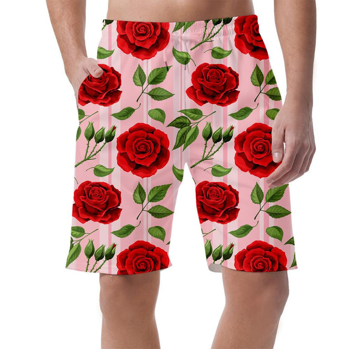 Red Rose Flower Bouquet Spreads Leaves On Light Pink Striped Can Be Custom Photo 3D Men's Shorts