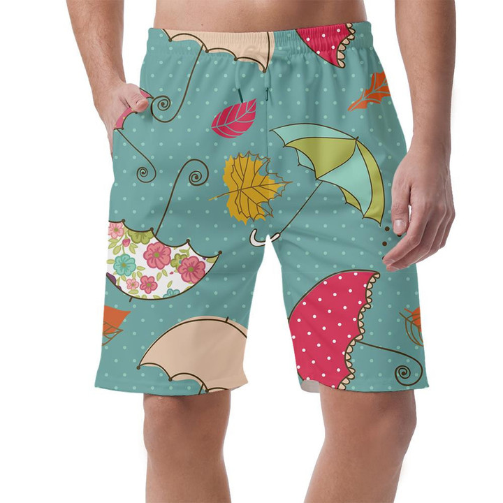 Small Polka Dots Blue Background With Umbrella And Autumn Leaves Can Be Custom Photo 3D Men's Shorts
