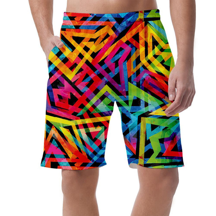 Psychedelic Style Geometric Colorful Pattern On Black Background Can Be Custom Photo 3D Men's Shorts