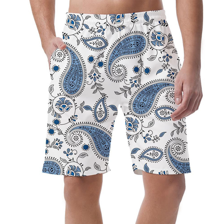 Traditional Blue Indian Paisley Floral Branches Hand Drawn Pattern Can Be Custom Photo 3D Men's Shorts