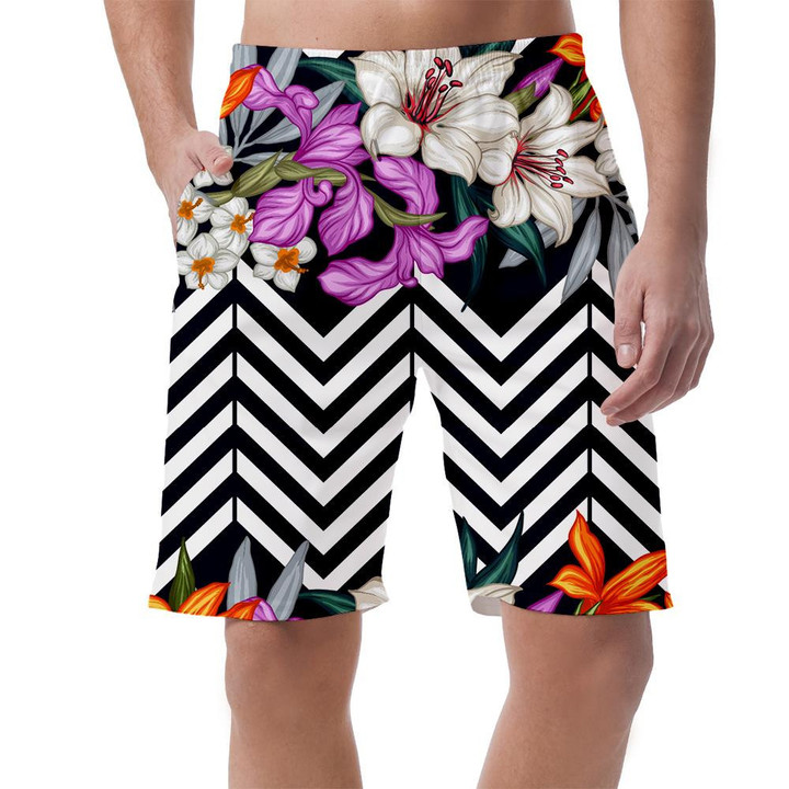 Tropical Leaves Flowers On Black White Chevron Background Design Can Be Custom Photo 3D Men's Shorts
