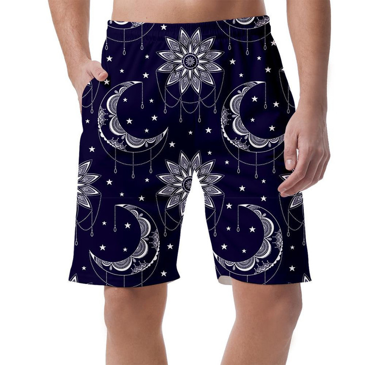 Vintage Moon Crescent And Flower On Dark Blue Background Can Be Custom Photo 3D Men's Shorts