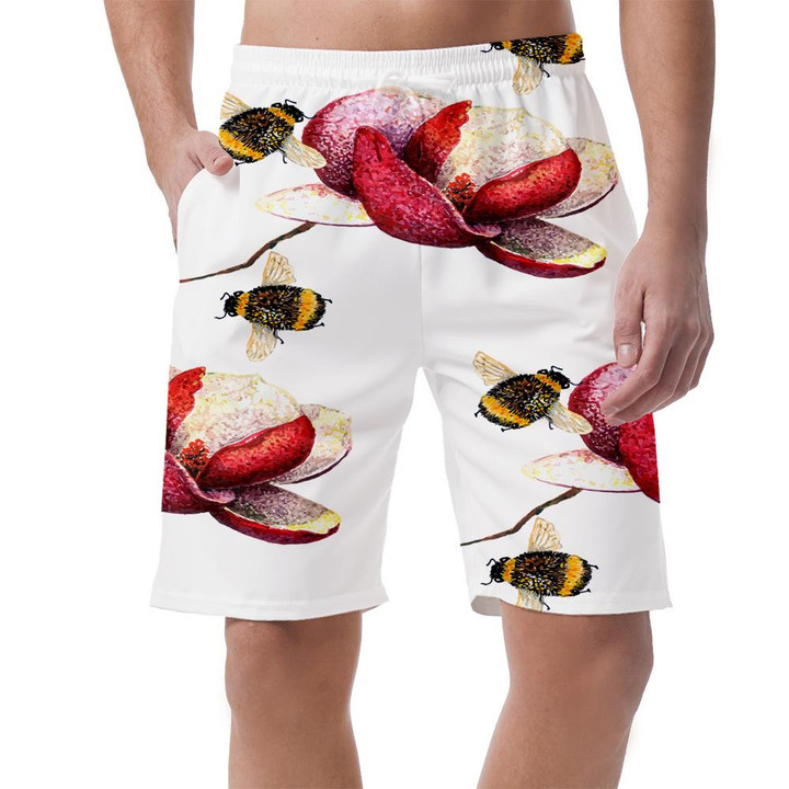 Watercolor Cartoon Magnolia And Bumblebee On White Background Can Be Custom Photo 3D Men's Shorts
