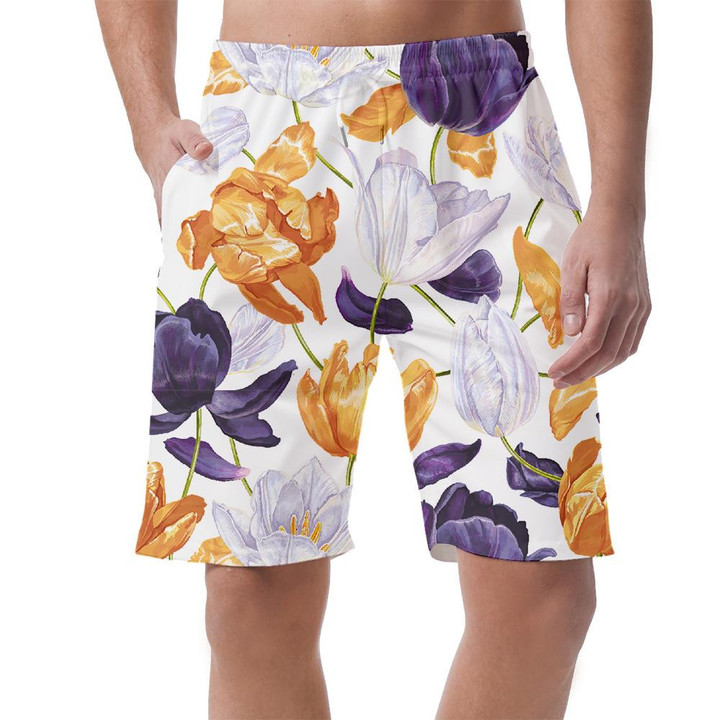 Watercolor Yellow White Dark Purple Tulips Floral Themed Design Can Be Custom Photo 3D Men's Shorts