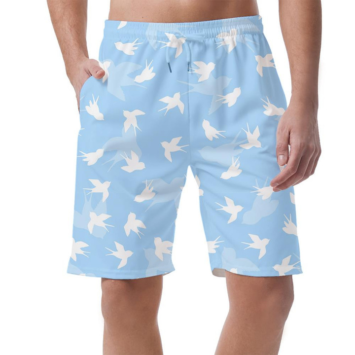 White Swallow Silhouette On Blue Background Can Be Custom Photo 3D Men's Shorts