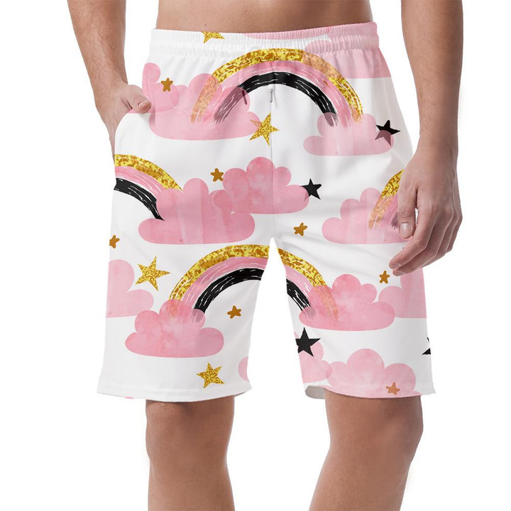 Watercolor Pink Rainbows Clouds And Stars Illustration Can Be Custom Photo 3D Men's Shorts