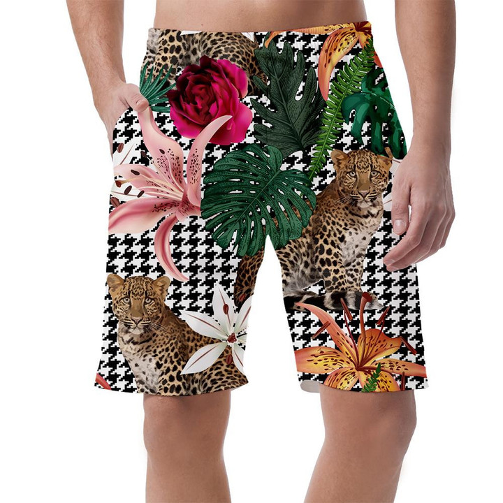 Tropical Flowers And Leopard On Geometric Houndstooth Background Can Be Custom Photo 3D Men's Shorts