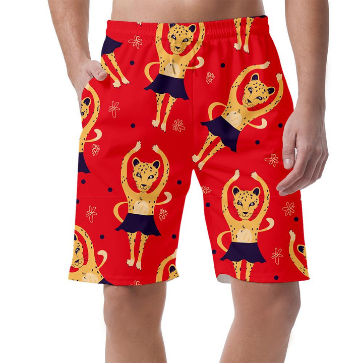 Wild African Funny Dancing Leopard On Red Can Be Custom Photo 3D Men's Shorts