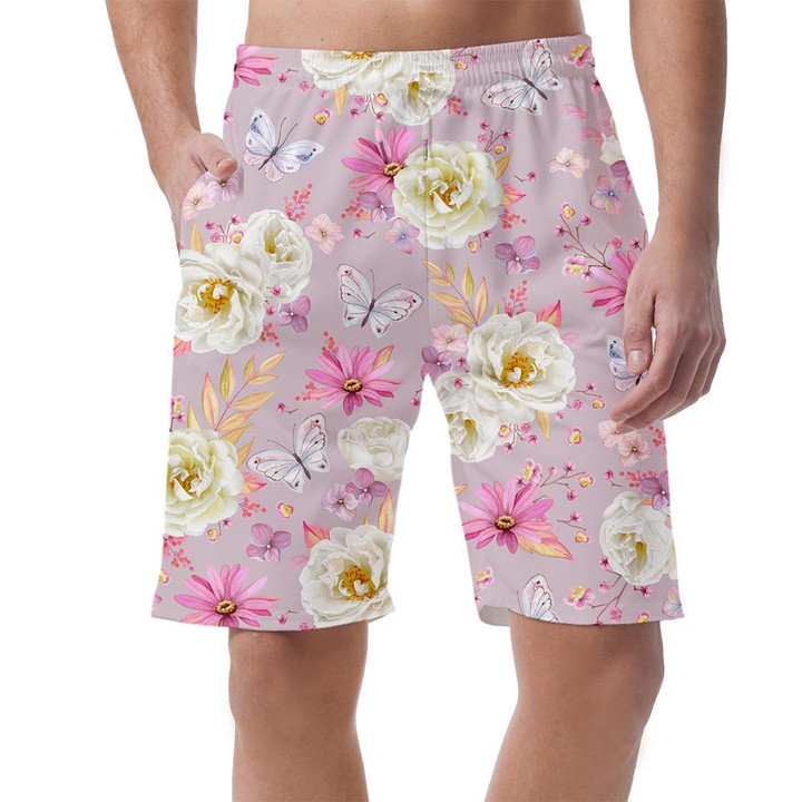 Theme Spring With White Roses Purple Pyrethrums Small Roses And Flying Butterflies Can Be Custom Photo 3D Men's Shorts