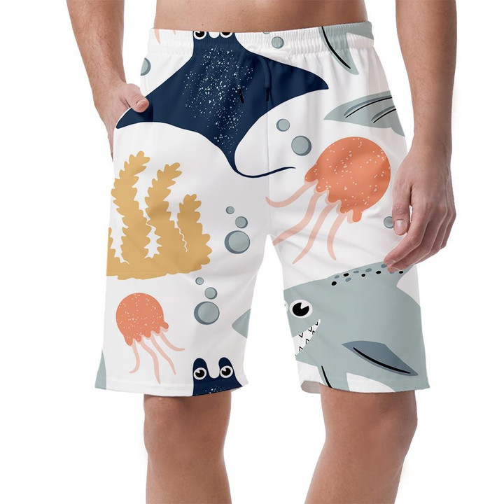 White Theme Pretty Shark Stingray Jellyfish And Bubbles Design Can Be Custom Photo 3D Men's Shorts