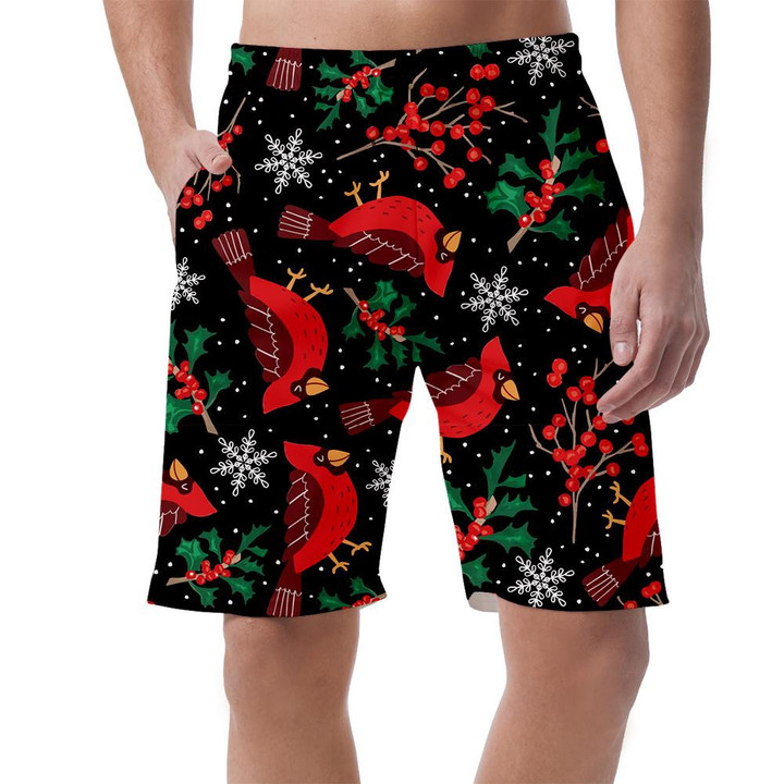 Watercolor Little Red Cardinal Bird With Holly Leaves Can Be Custom Photo 3D Men's Shorts