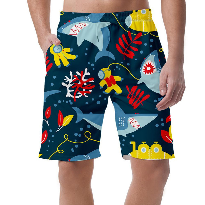 Underwater Adventure Themed Pattern With Sharks Submarine And Divers Can Be Custom Photo 3D Men's Shorts