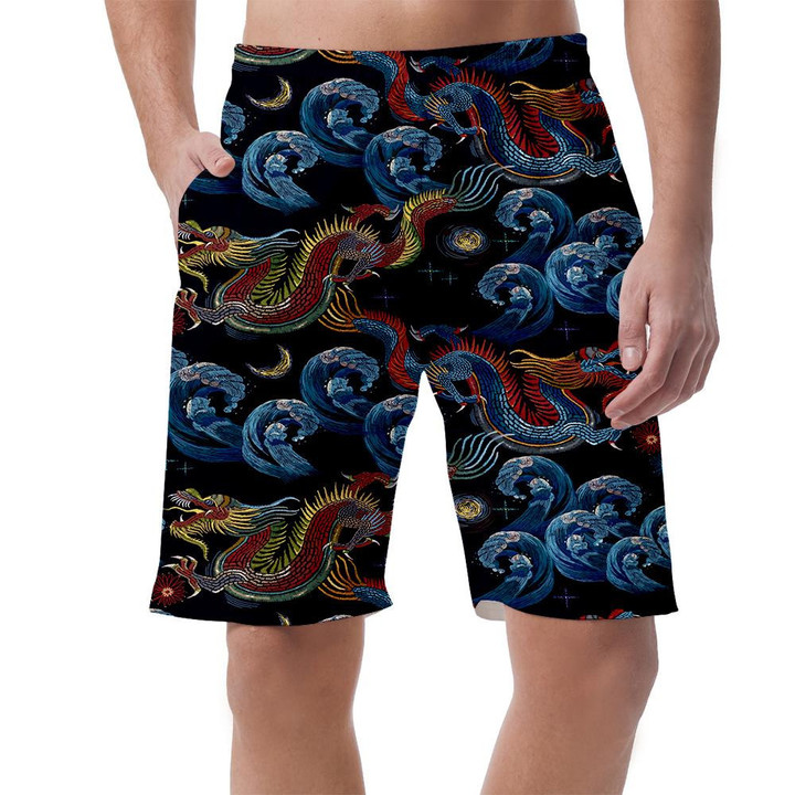 Vintage Embroidery Asian Sea Dragon And Sea Can Be Custom Photo 3D Men's Shorts
