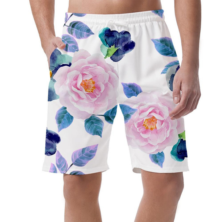 Watercolor Pattern Of Roses Violets On White Background Can Be Custom Photo 3D Men's Shorts
