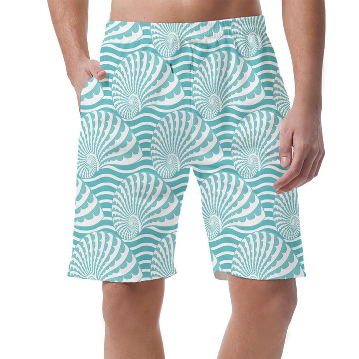 White And Blue Striped Seashells Ornamental On Sea Waves Pattern Can Be Custom Photo 3D Men's Shorts