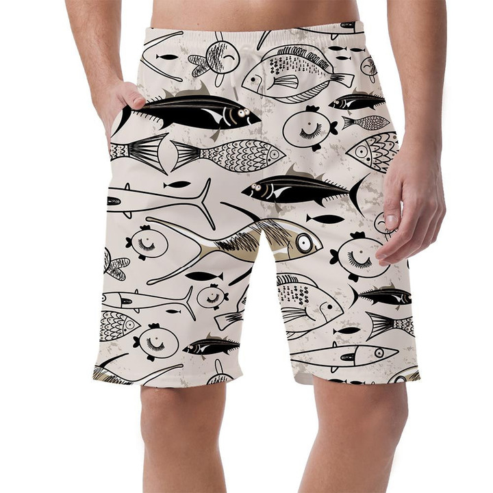 Vintage Style Collection Of Sea Fishes Hand Drawn Pattern Can Be Custom Photo 3D Men's Shorts