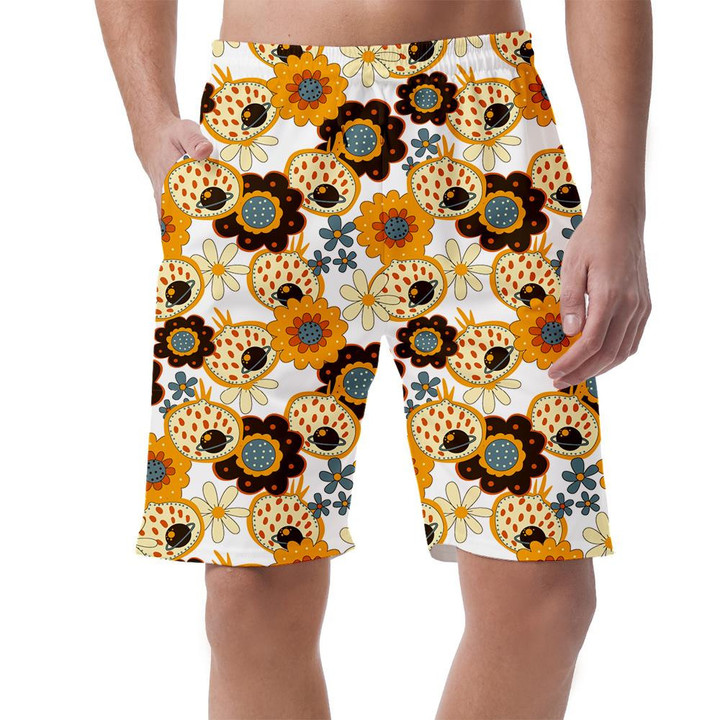 Vintage 60's Hippie Floral Hand Drawn Pattern White Theme Can Be Custom Photo 3D Men's Shorts