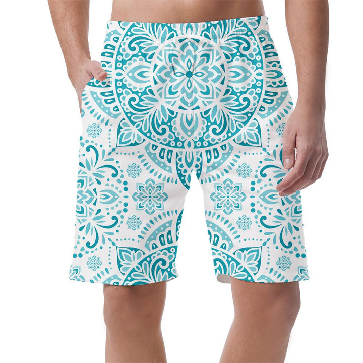 White And Turquoise Motif With Mandala Ornament Can Be Custom Photo 3D Men's Shorts