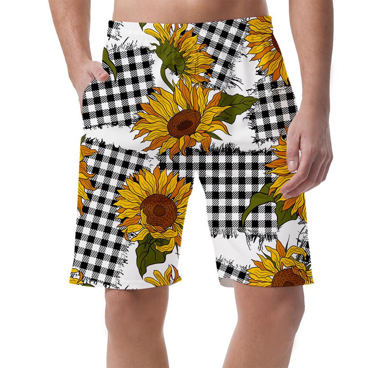Vintage Farmhouse Bright Sunflower Flowers On Checkered Patches Can Be Custom Photo 3D Men's Shorts