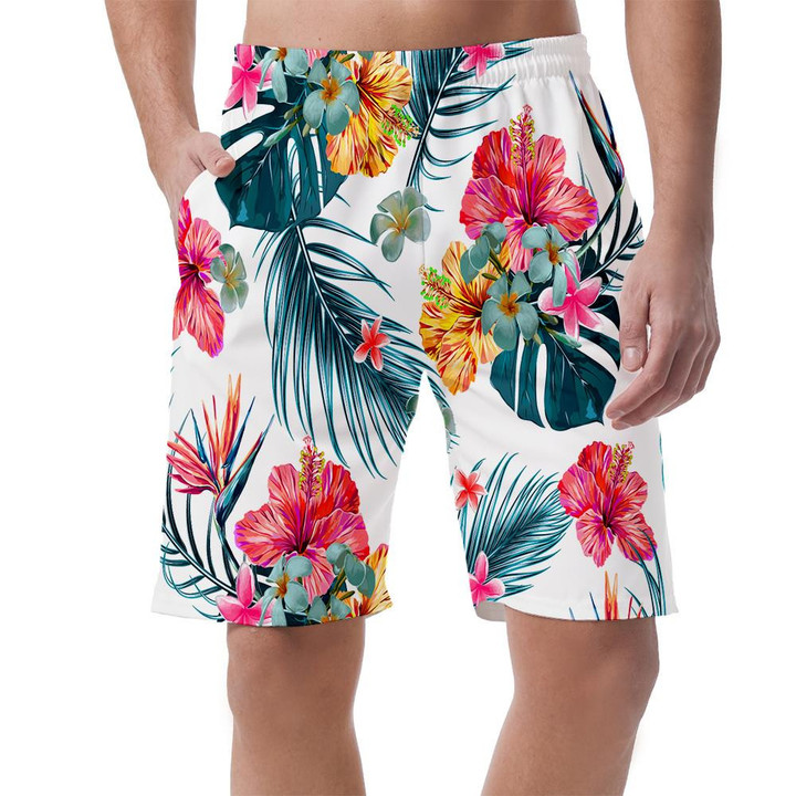Tropical Plants Colorful Flowers And Green Palm Leaves Art Pattern Can Be Custom Photo 3D Men's Shorts