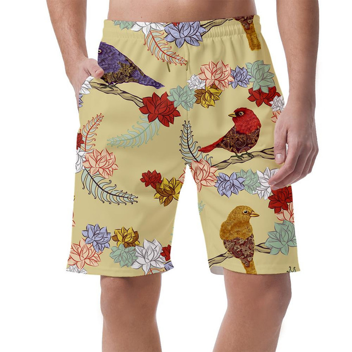 Beautiful Bird Sitting On Branch With Colorful Flower Can Be Custom Photo 3D Men's Shorts