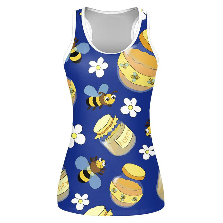 Natural Summer Bright Cute Bees And Honeycomb On Deep Blue Print 3D Women's Tank Top