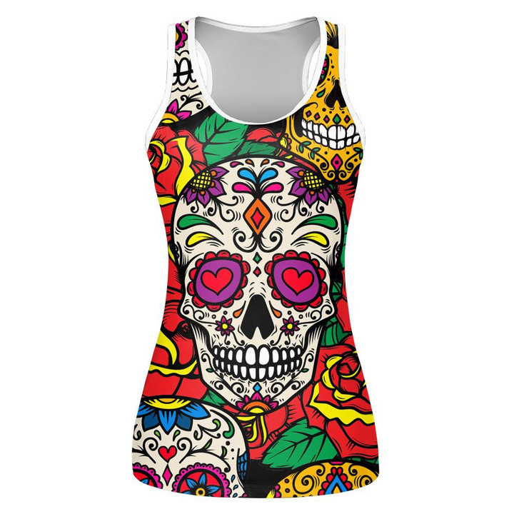 Mexican Sugar Skulls With Leaves And Roses Print 3D Women's Tank Top