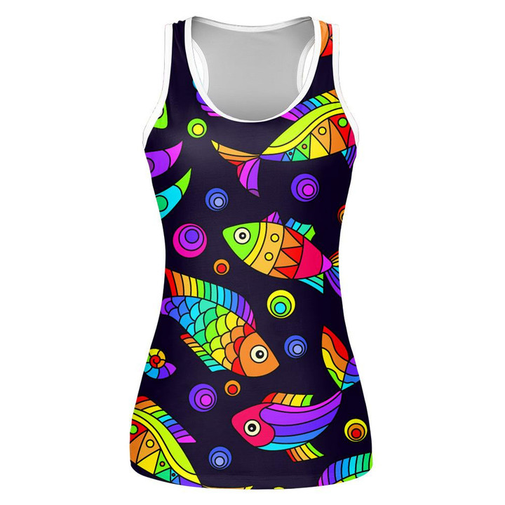 Marine Theme With Bright Rainbow Sea Fishes And Shells Pattern Print 3D Women's Tank Top
