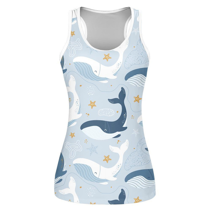 Marine Theme Cute Whales And Golden Starfish In Blue Sea Design Print 3D Women's Tank Top