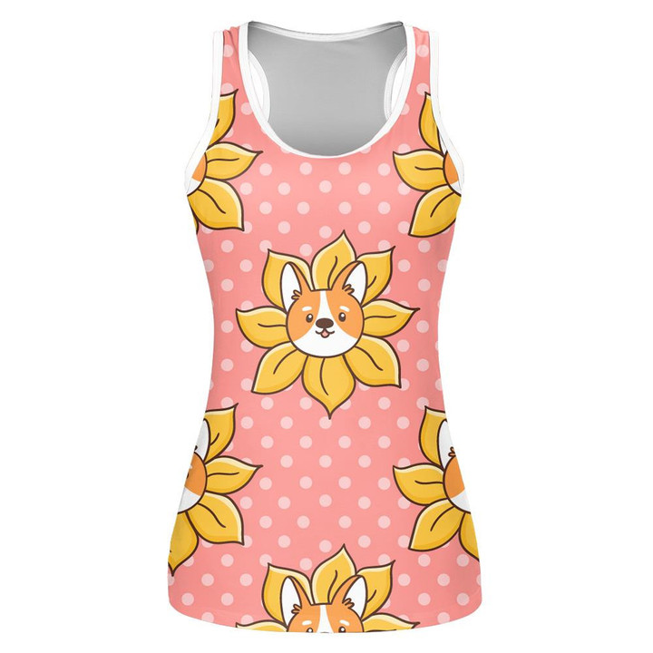 Lovely Corgi Dog Peeks Out Of A Sunflower On Pink Dots Background Print 3D Women's Tank Top