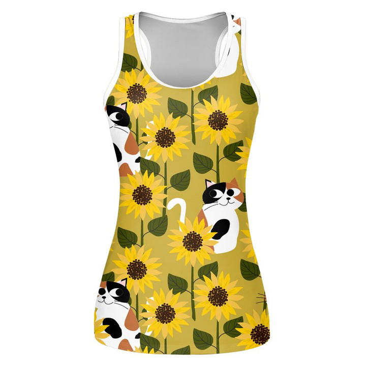 Lovely Animal Calico Cat In Sunflower Field Cartoon Pattern Print 3D Women's Tank Top