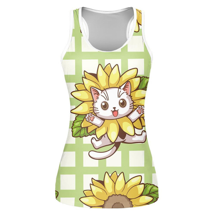 Little White Kitten Wears Large Sunflower And Green Stripe Pattern Print 3D Women's Tank Top