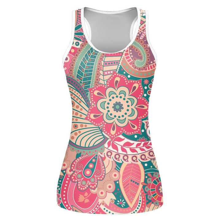 Light Colorf Green And Pink Flowers Paisley Design Print 3D Women's Tank Top