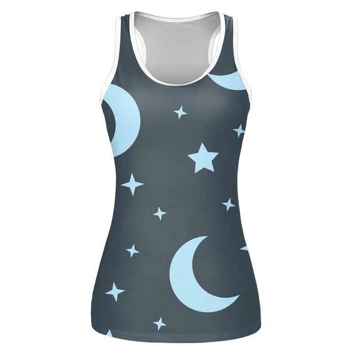 Light Blue Moon And Star In The Night Sky Print 3D Women's Tank Top