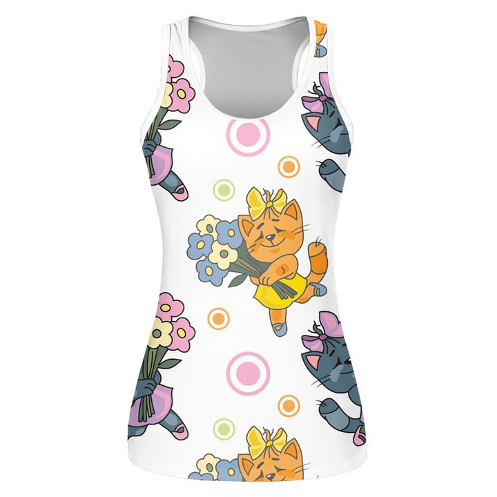 Lady Cat Is Holding A Bouquet In Happy Day Print 3D Women's Tank Top