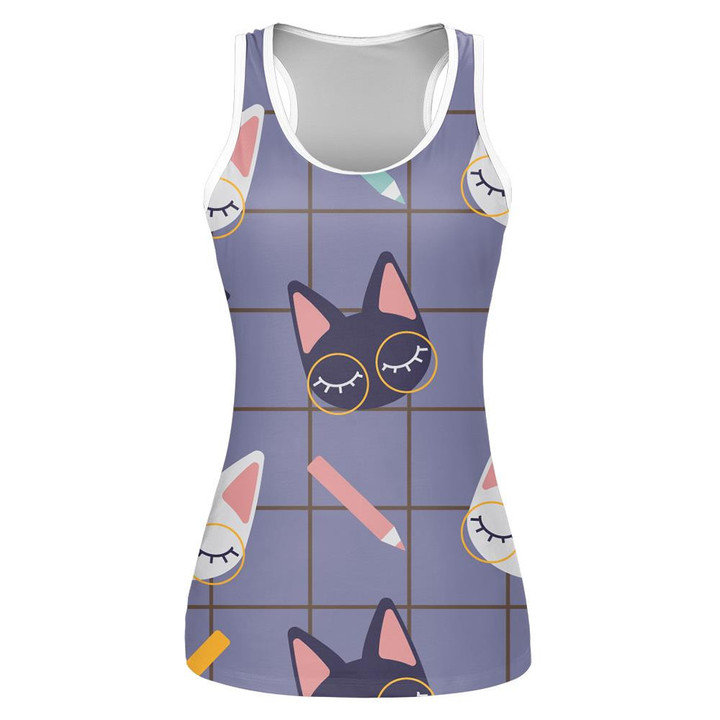 L Cute Studying Cats And Pencils On Checkered Print 3D Women's Tank Top