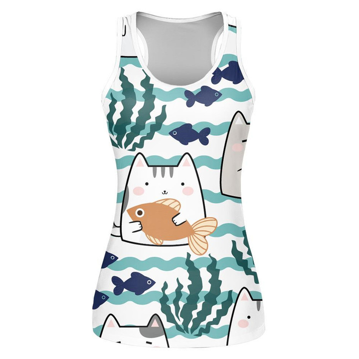 Kawaii Cute Cats And Fish With Wave Sea Print 3D Women's Tank Top