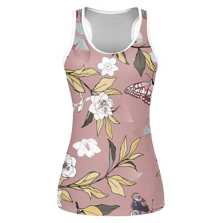 Illustration With Colorful Butterflies And Ochre Leaves On Pink Background Print 3D Women's Tank Top