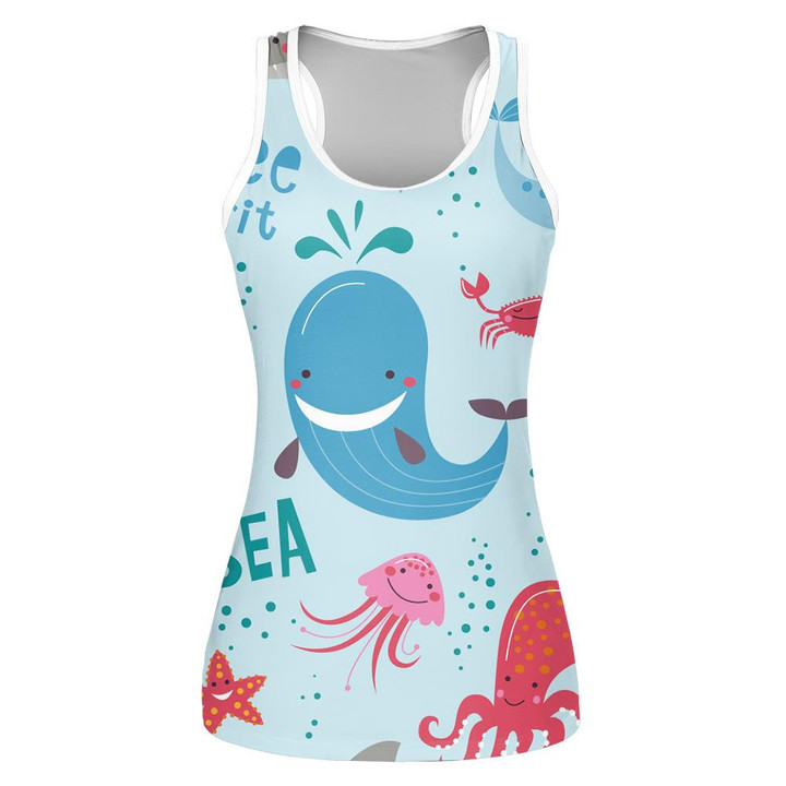 I Love The Sea Colorful Cartoon Fishes On Light Blue Background Design Print 3D Women's Tank Top