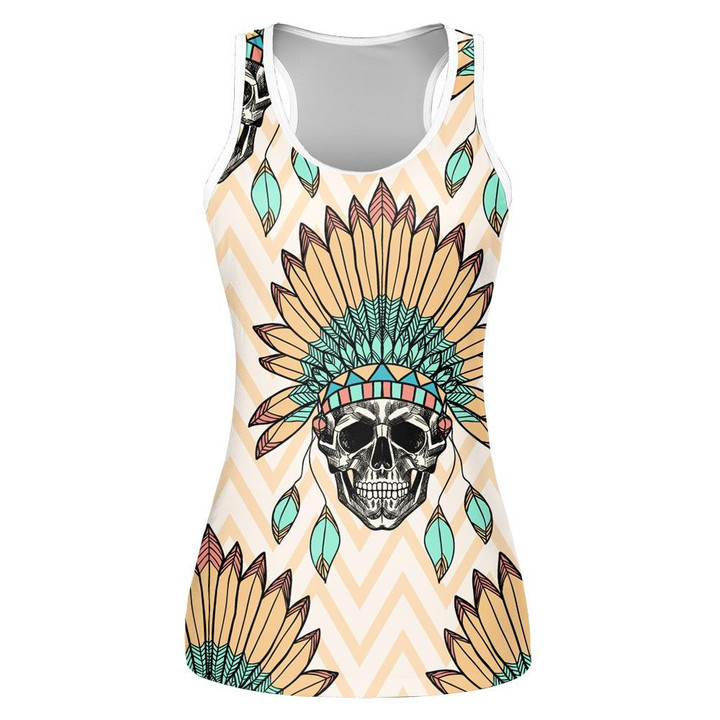 Human Skull With Indian Feather Hat Print 3D Women's Tank Top