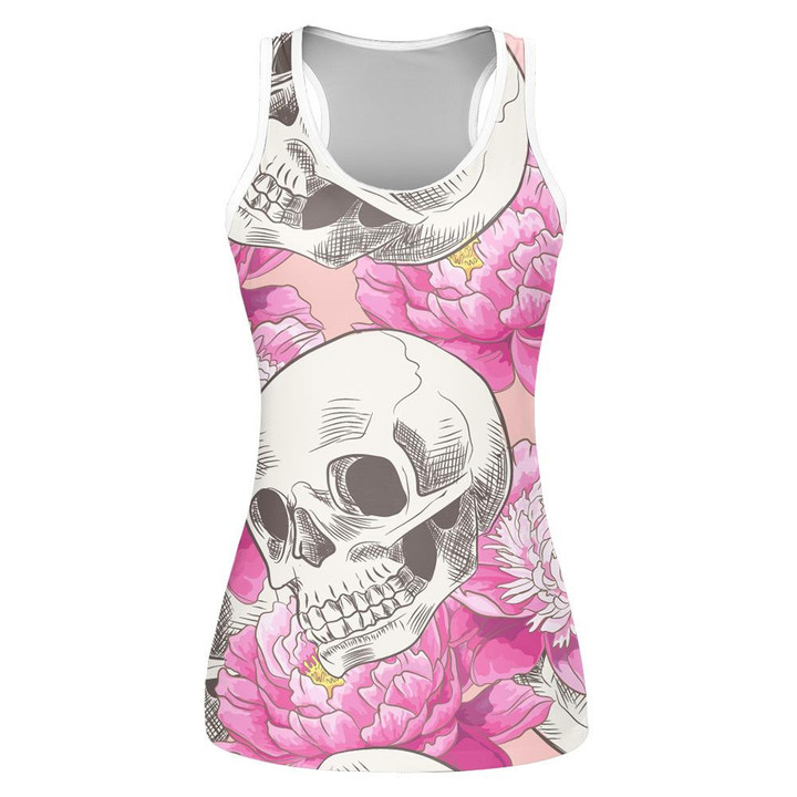 Human Skull And Beautiful Flower On Pink Background Print 3D Women's Tank Top