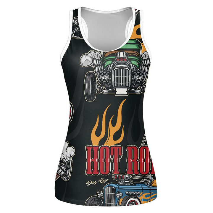 Hot Rod Cars Turbocharged Engine Flames American Flags Print 3D Women's Tank Top