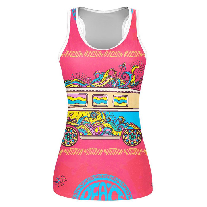 Hippie Vintage Van With Peace Sign On Pink Background Design Print 3D Women's Tank Top