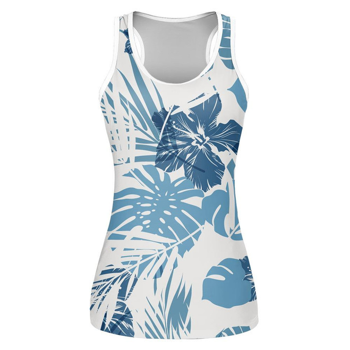 Hawaiian Tropical Palm Leaves Hibicus Camo In Blue Pattern Print 3D Women's Tank Top