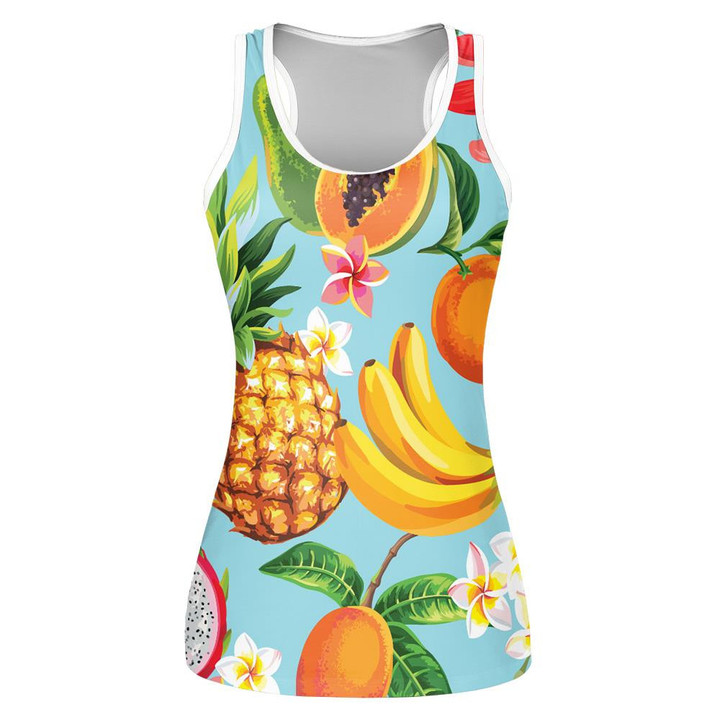 Hawaiian Tropical Fruits And Flowers On Blue Background Print 3D Women's Tank Top