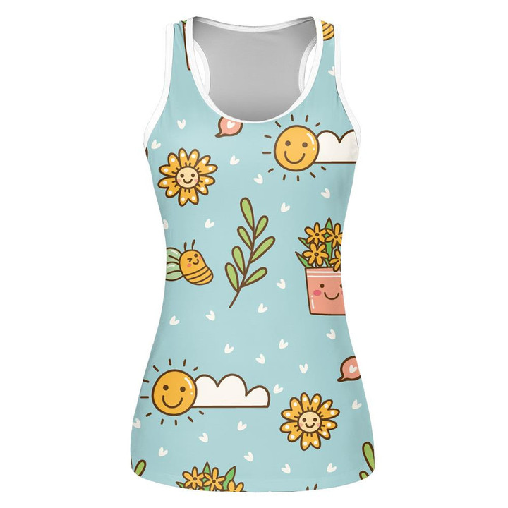 Happy Summer Day With Cartoon Sunflowers Sun And Bees Print 3D Women's Tank Top