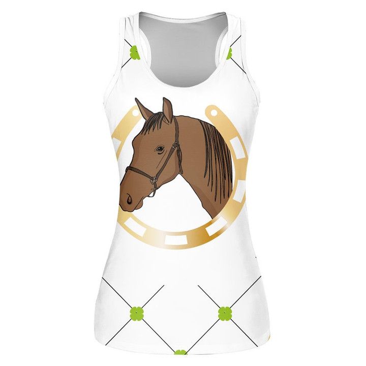 Hand Drawn With Horse In Horseshoe And Clover Print 3D Women's Tank Top