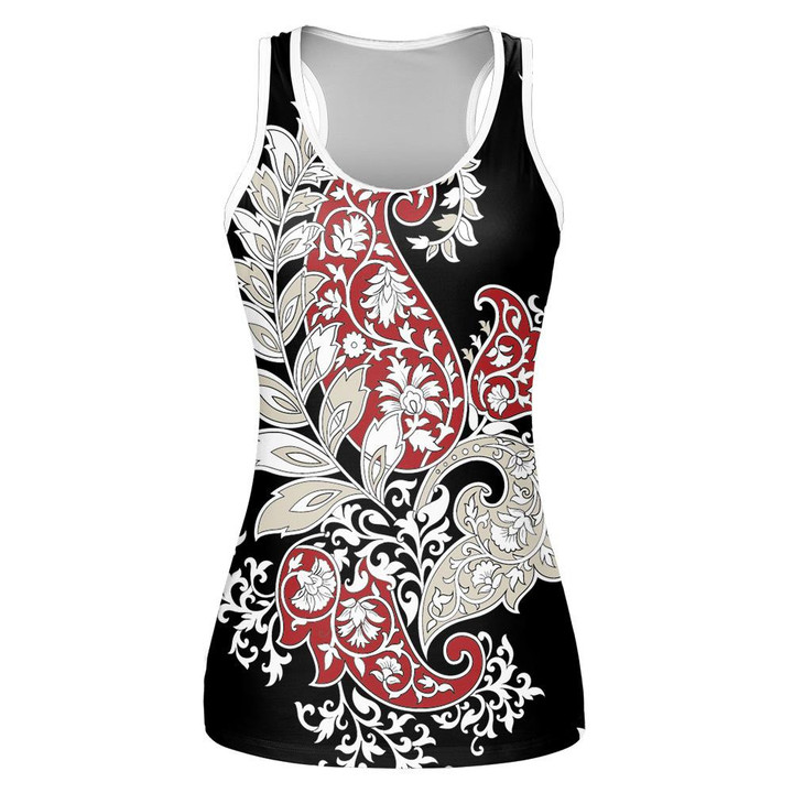 Hand Drawn Traditional Indian Paisley Leaves Pattern Black Background Print 3D Women's Tank Top