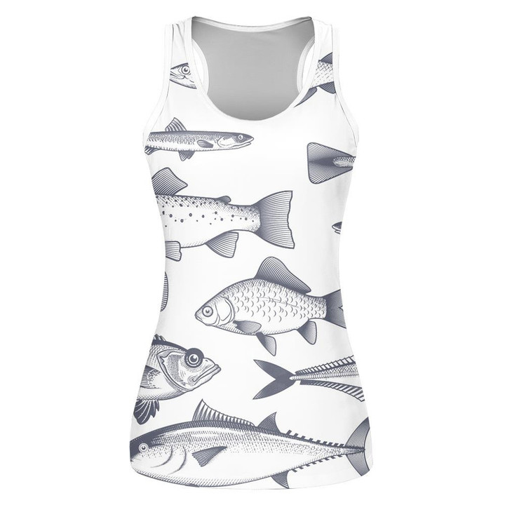 Hand Drawn Pattern Of Tuna Trout Mackerel And Other Fishes Print 3D Women's Tank Top