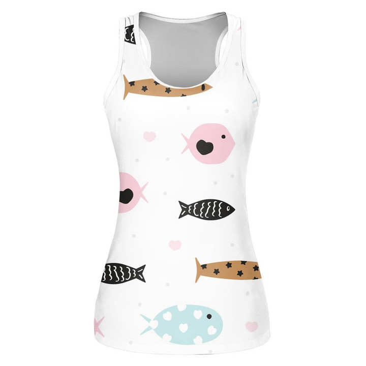 Hand Drawn Colorful Fishes With Stars And Hearts Pattern Print 3D Women's Tank Top
